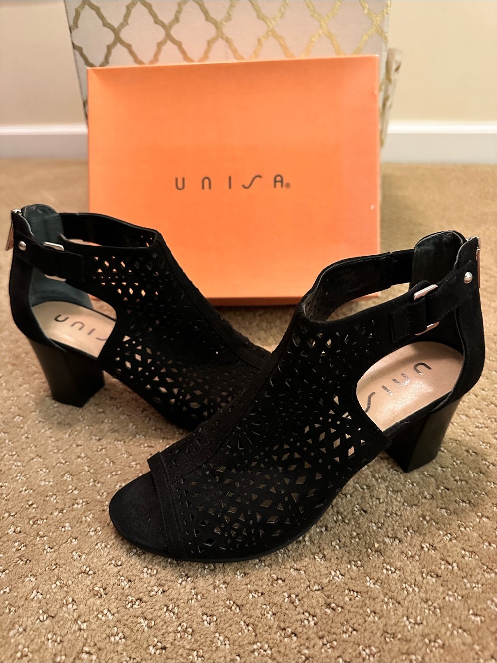 Unisa Black Laser-Cut Peep-Toe Block Heel Sandals